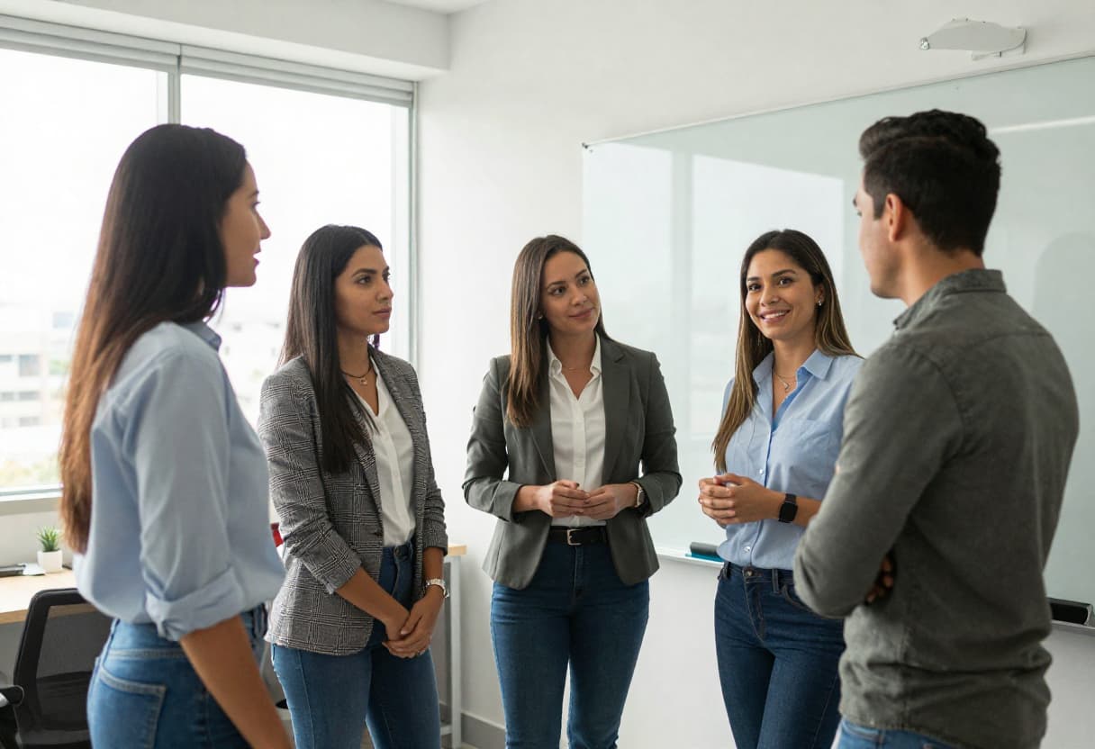 Profesionales conversan en una oficina sobre la gestión empresarial.