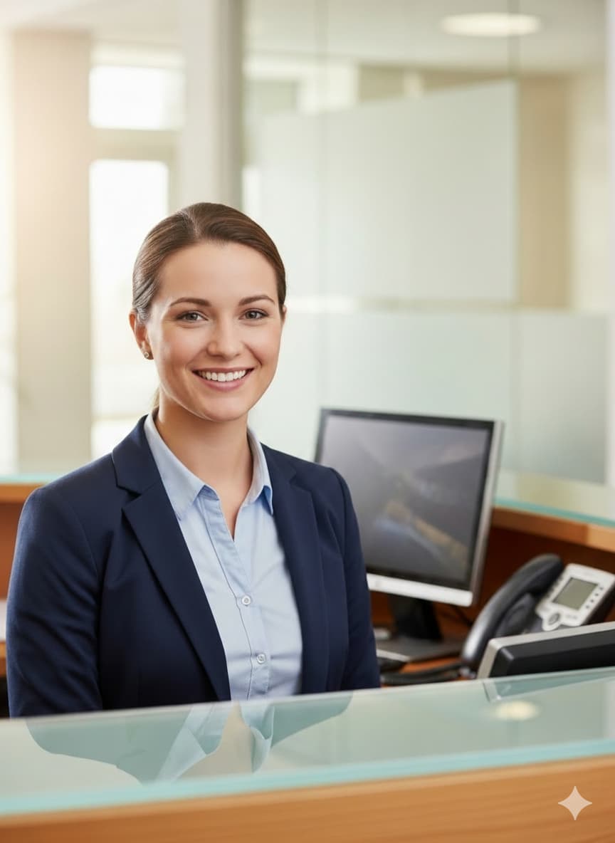 Una profesional atiende una consulta en una oficina.